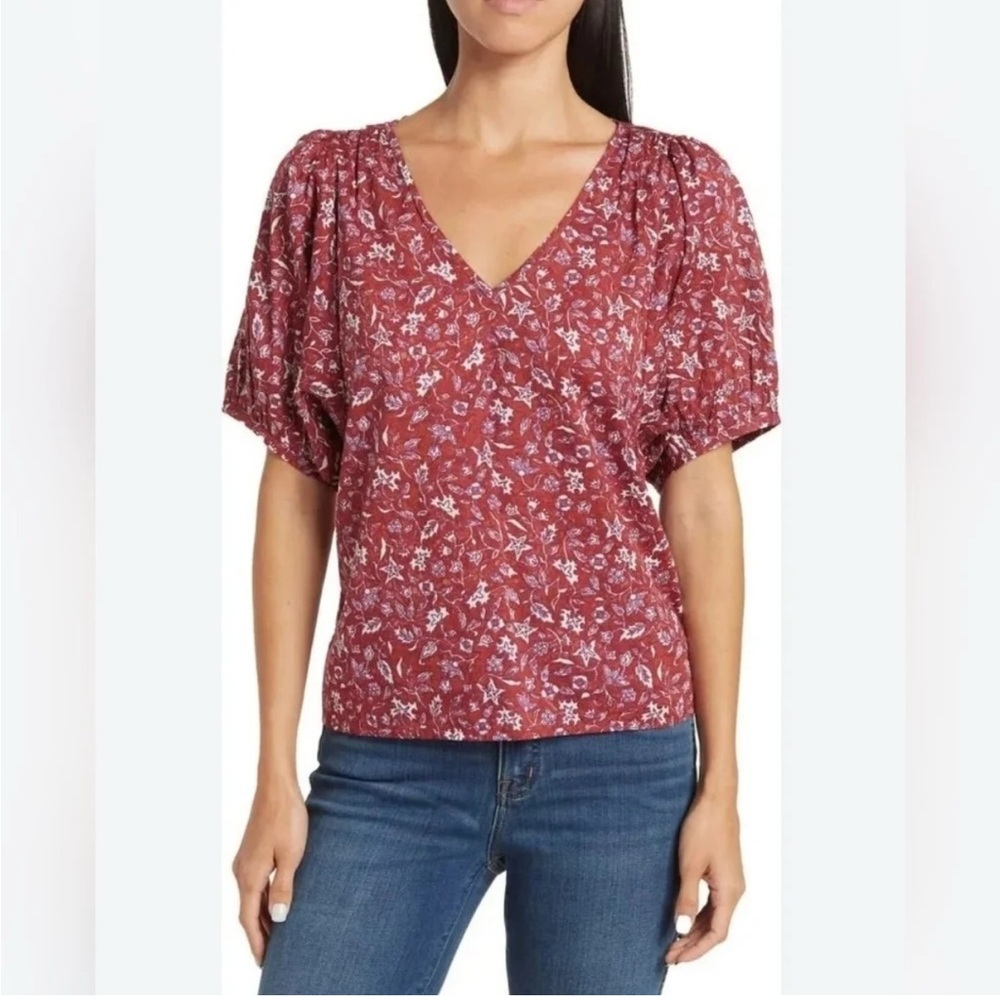 Madewell V-Neck Puff Sleeve Top Batik Vine Weathered Brick Size XS